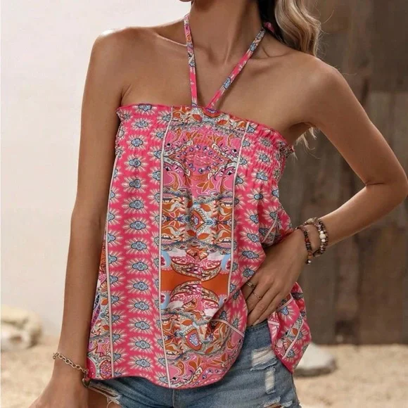 Boho Floral Print Halter Tank Top - Picture 8 of 9